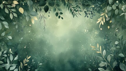 Lush cascading arrangement of watercolor emerald foliage creating a natural canopy frame, featuring detailed eucalyptus sprigs, delicate ferns, and olive branches in varying green tones. Soft golden