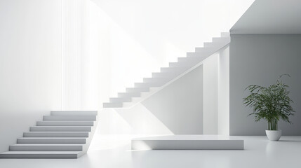 A minimalist white staircase in an open space