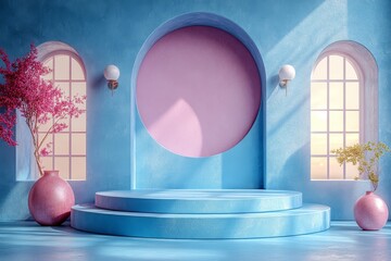  3D rendering of a blue and white podium on a pastel background with geometric shapes for product display. Minimal scene concept with sharp focus and photorealistic details.
