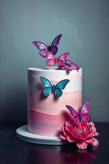 pastel butterfly cake with sugar flower decoration on dark background