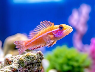 Orange fish swims in aquarium, coral reef background, underwater scene, marine life