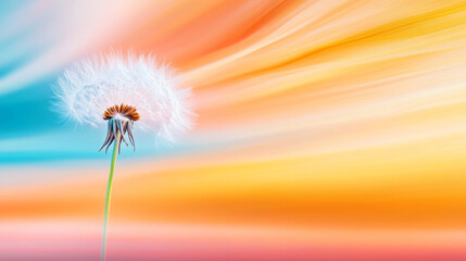 single dandelion seed in sharp focus against vibrant, colorful background. delicate structure of seed contrasts beautifully with soft, flowing colors, evoking sense of tranquility and wonder