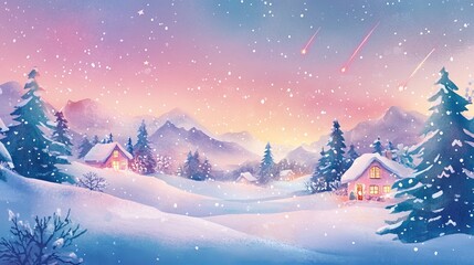 Fototapeta premium Whimsical watercolor winter wonderland scene with snow-covered evergreens, warm glowing windows in distant cottages, shooting stars across twilight sky, hand-lettered holiday message nestled among