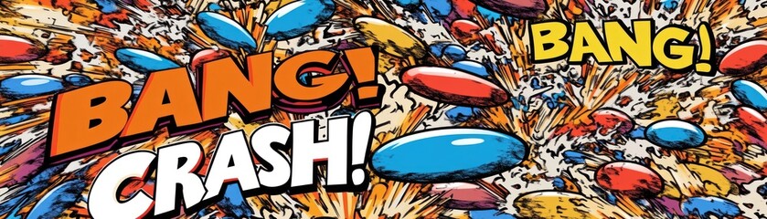 Vibrant Comic Style Action Scene Featuring Dynamic Onomatopoeia Elements and Bold Colors