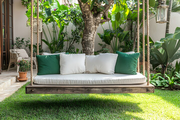 Fototapeta premium Tropical garden swing, relaxing patio, lush greenery