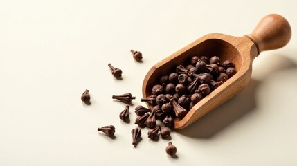 Aromatic clove buds spilled from a wooden scoop onto a smooth surface