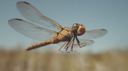 Dragonfly in flight, sunny meadow, blurred background, nature documentary