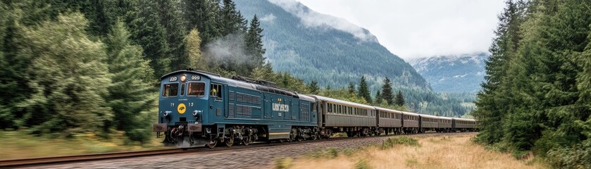Obraz premium Scenic Train Journey Through Majestic Mountainous Forest Landscape in Autumn Colors