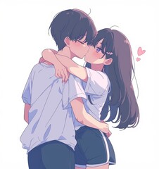 Obraz premium A cute cartoon couple in anime style, with the girl having long straight black hair, wearing a white short-sleeved top and navy blue shorts. 