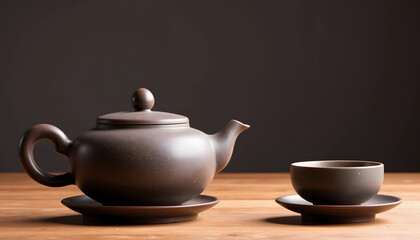 Elegant tea set with teapot and cup on wooden table against dark background
