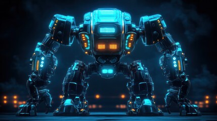 Fototapeta premium Futuristic robot, glowing blue, dark background.