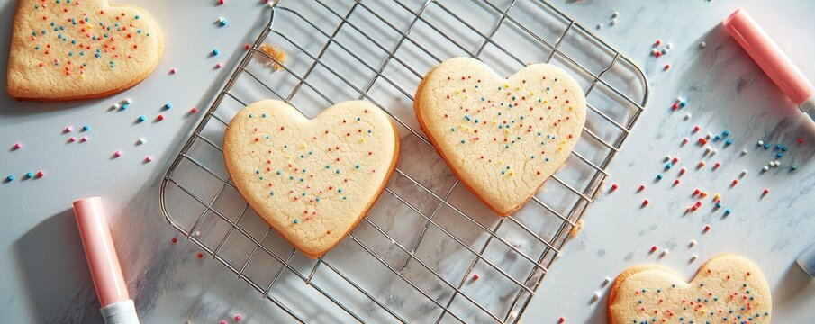 Valentine baking Heart-shaped cookies with colorful sprinkles on a cooling rack, set against a light background, ideal for festive occasions.