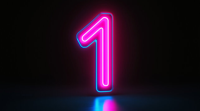 3D render of the number one glowing in dark pink and blue