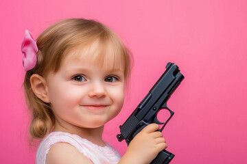 Child holding toy black gun
