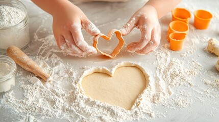 Valentine baking with a person is cutting dough into heart shapes on a floured surface, surrounded by baking tools and vibrant cookie cutters.