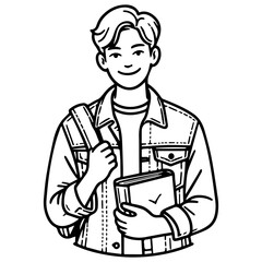 line art vector student guy in denim clothes smiling while holding book