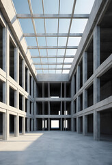 Spacious industrial interior with concrete walls and beams under a bright sky