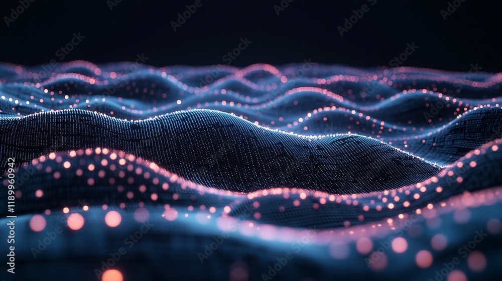 Poster abstract digital landscape with glowing particles forming waves.