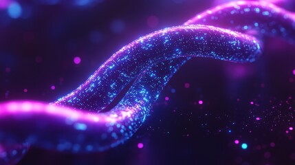 Abstract glowing helix, vibrant purple and blue particles.