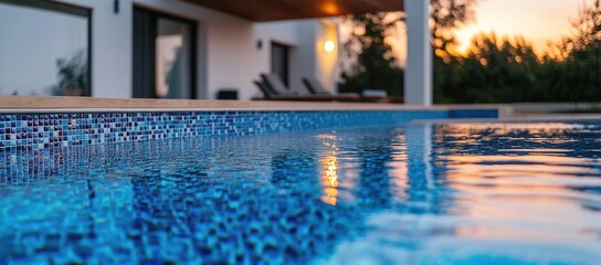 Sunset Reflection in a Backyard Swimming Pool with Blue Tiles