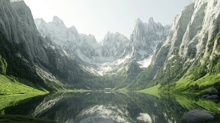 Obraz premium Serene alpine lake reflecting snow-capped mountains at sunrise; idyllic nature background for travel brochures