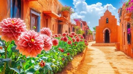 Colorful street, terracotta buildings, flowers, chapel, sunny day, travel destination
