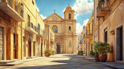 Obraz premium Sunlit Mediterranean street and church