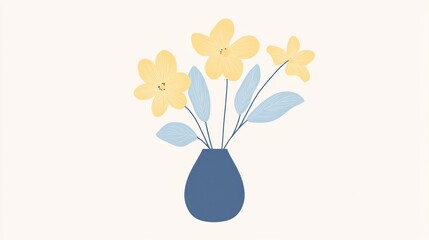 Yellow flowers, blue vase, minimalist design, white background, home decor