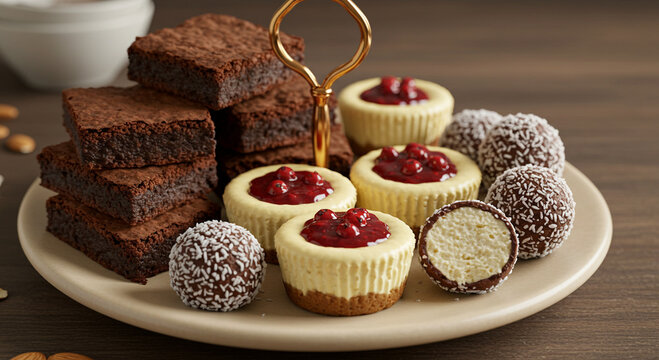 Keto Dessert Heaven
A selection of keto-friendly desserts including almond flour brownies, mini cheesecakes, and coconut fat bombs, beautifully arranged on a tiered serving platter.