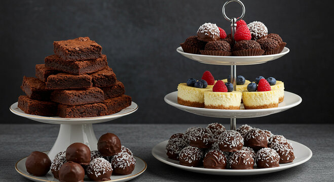 Keto Dessert Heaven
A selection of keto-friendly desserts including almond flour brownies, mini cheesecakes, and coconut fat bombs, beautifully arranged on a tiered serving platter.