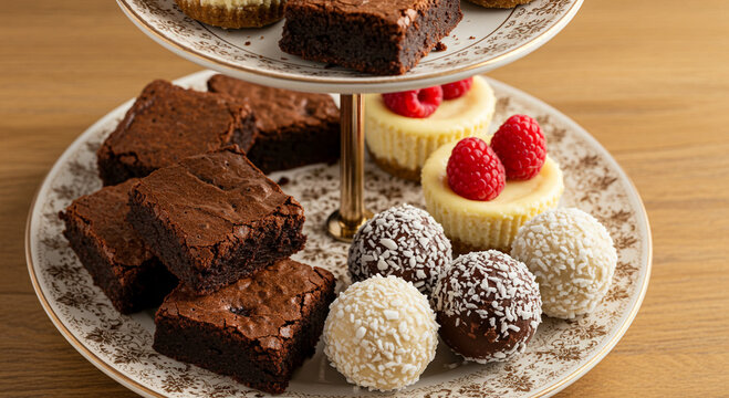 Keto Dessert Heaven
A selection of keto-friendly desserts including almond flour brownies, mini cheesecakes, and coconut fat bombs, beautifully arranged on a tiered serving platter.