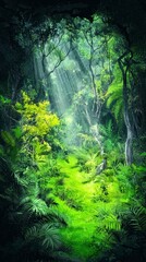 Fototapeta premium Lush Tropical Rainforest Path Sunlight Through Canopy Jungle Foliage Green Nature