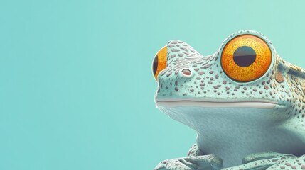 Closeup of a Cute Turquoise Frog with Large Orange Eyes Against a Mint Green Background A Vibrant Digital Illustration