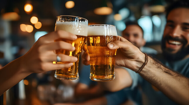 Happy male friends enjoying beers at a bar or pub