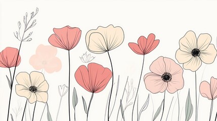 Pastel poppies meadow line art banner