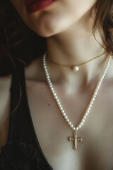 Graceful woman. Pearl necklace, golden crucifix pendant. Soft light enhances pearls' shimmer, gold's shine. Timeless elegance. Classic backdrop.