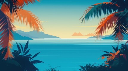 Serene Tropical Seascape: Palm Trees Frame Ocean View and Distant Mountains under a Calm Sky