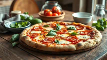 Fotobehang Homemade Fresh Margarita Pizza on Rustic Table - Photorealistic AI Art © PomPam