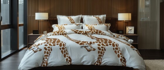 Luxurious giraffe print bedding elevates a sophisticated bedroom. Modern decor lines complement the chic animal print.  A touch of wild style in a sleek space.