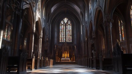 Grand church interior, stained glass