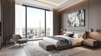 Luxurious modern bedroom, floor-to-ceiling windows, city skyline view