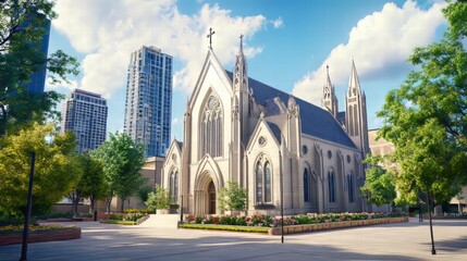 Fototapeta premium City church with modern buildings