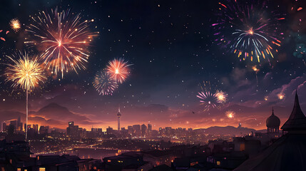 Happy New Year typography accompanied by fireworks in the night sky