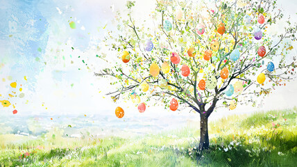 A vibrant and dramatic watercolor painting depicting a stained-glass window illustrating the resurrection of Jesus Christ. The artwork showcases bold colors and intricate patterns