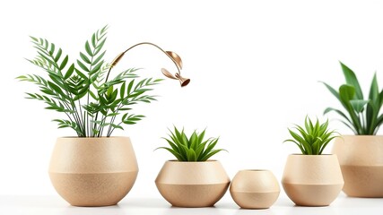 Fototapeta premium Modern Fiber Pots with Artificial Plants - White Background - High-Quality AI Art