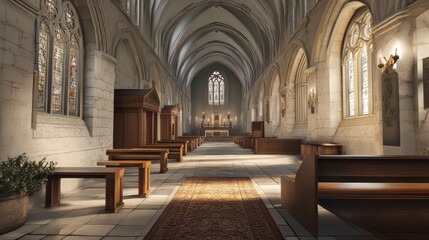 Fototapeta premium Tranquil cathedral interior, sunlight streams in