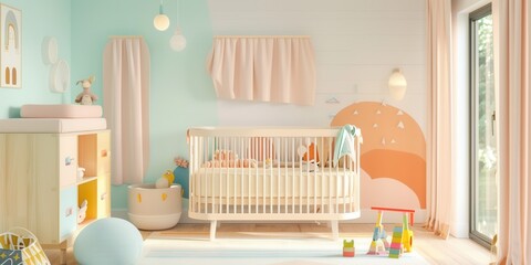 Pastel nursery showcasing baby products.  Soft walls, crib, changing table, & organized toys create a calming space. Ideal for product display.