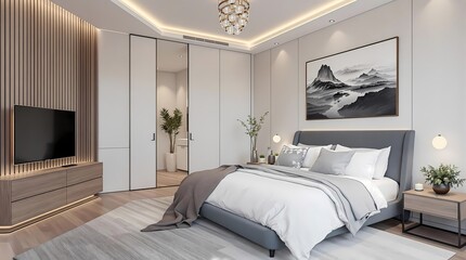 Modern luxurious bedroom, neutral color palette, gray and white tones, king size bed with plush headboard