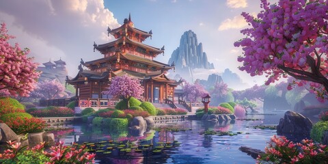 Fototapeta premium Serene ancient temple nestled in blooming gardens. Tranquil waters reflect a peaceful scene. Unity of colors in this beautiful landscape. A symbol of harmony.