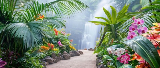 Serene tropical garden path. Lush exotic blooms orchids palms waterfall backdrop. A misty paradise awaits.